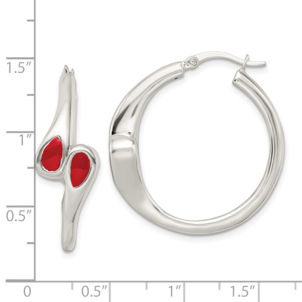 Sterling Silver Polished Red Enameled ByPass Circle Hoop Earrings - Image 3