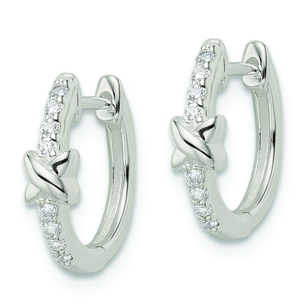 Sterling Silver Polished X CZ Hinged Hoop Earrings - Image 2