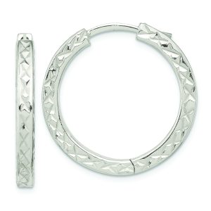 Sterling Silver Polished D/C Square Tube Locking Hoop Earrings
