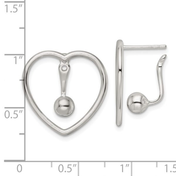 Sterling Silver Polished Heart w/Drop and Dangle Ball Threader Post Earring - Image 3