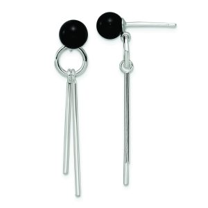 Sterling Silver Polished Fancy Onyx Bead & Bars Post Dangle Earrings