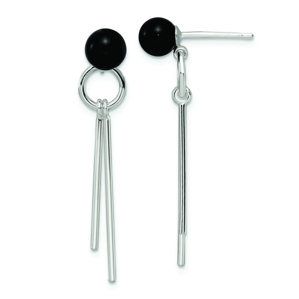Sterling Silver Polished Fancy Onyx Bead & Bars Post Dangle Earrings