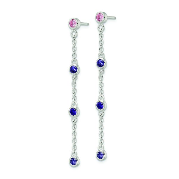 Sterling Silver Chain w/Pink and Purple Bezel CZs Dangle Post Earrings - Image 2