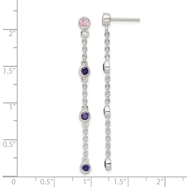 Sterling Silver Chain w/Pink and Purple Bezel CZs Dangle Post Earrings - Image 3