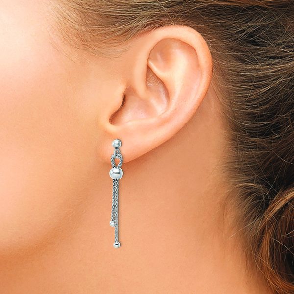 Sterling Silver Rhod-plated Polished Beaded Chain Post Dangle Earrings - Image 3