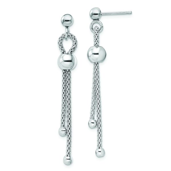 Sterling Silver Rhod-plated Polished Beaded Chain Post Dangle Earrings