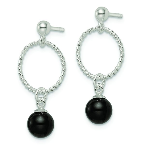 Sterling Silver Polished Onyx in Circle Dangle Post Earrings - Image 2