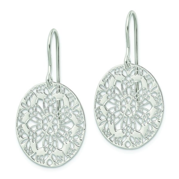 Sterling Silver Polished Floral Oval Dangle Earrings - Image 2