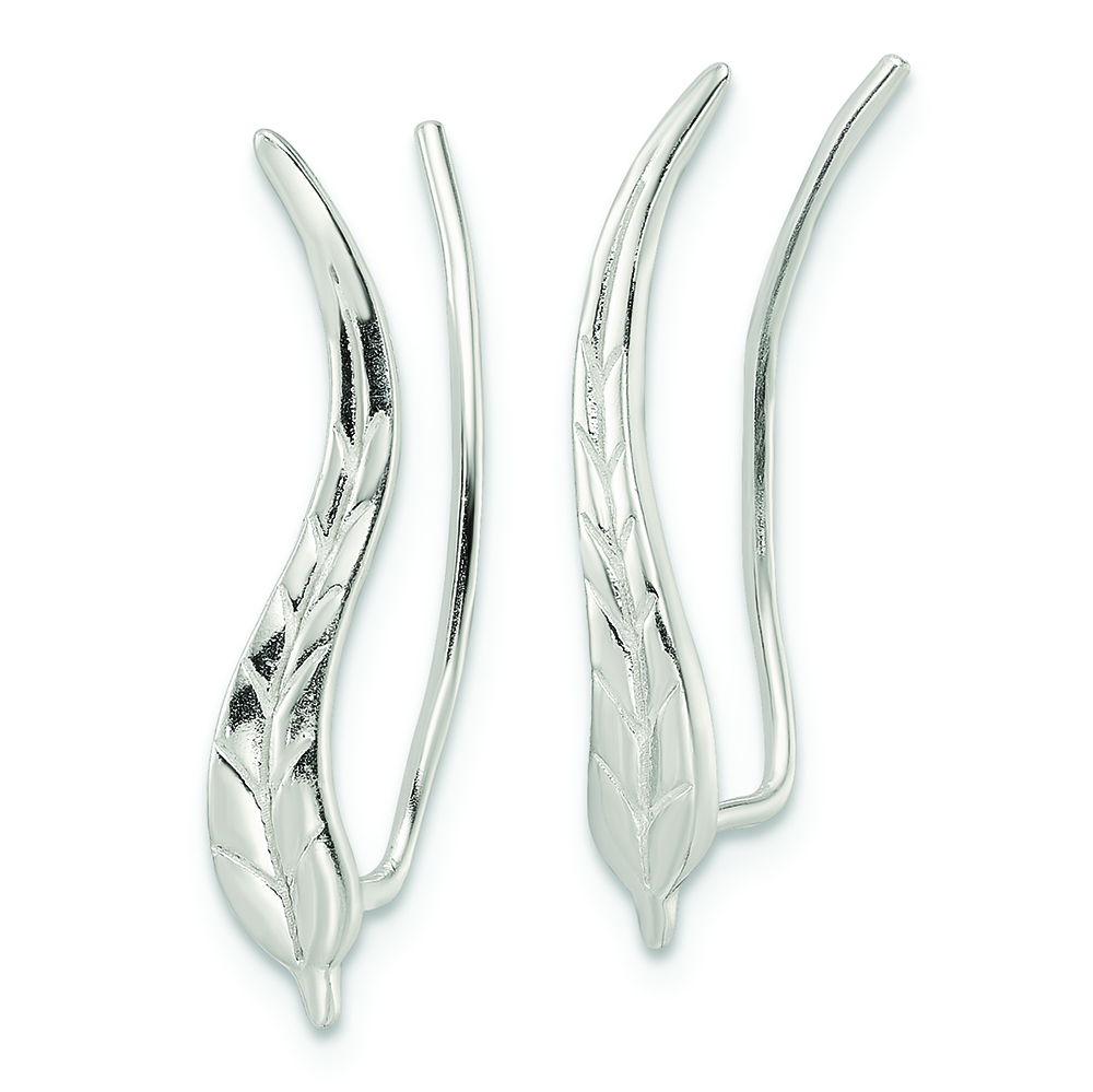 Sterling Silver Polished & Textured Wavy Leaf Dangle Earrings - Image 2
