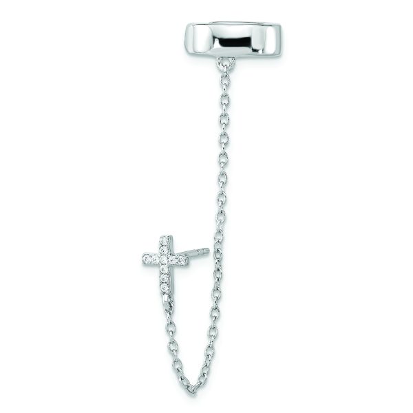 Sterling Silver RH-plated CZ Cross w/ 2in Chain Single Post & Cuff Earrin - Image 2