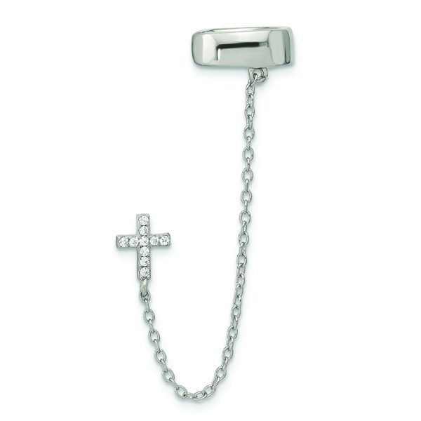 Sterling Silver RH-plated CZ Cross w/ 2in Chain Single Post & Cuff Earrin