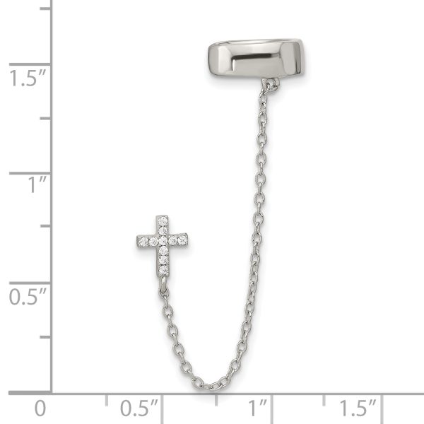 Sterling Silver RH-plated CZ Cross w/ 2in Chain Single Post & Cuff Earrin - Image 3