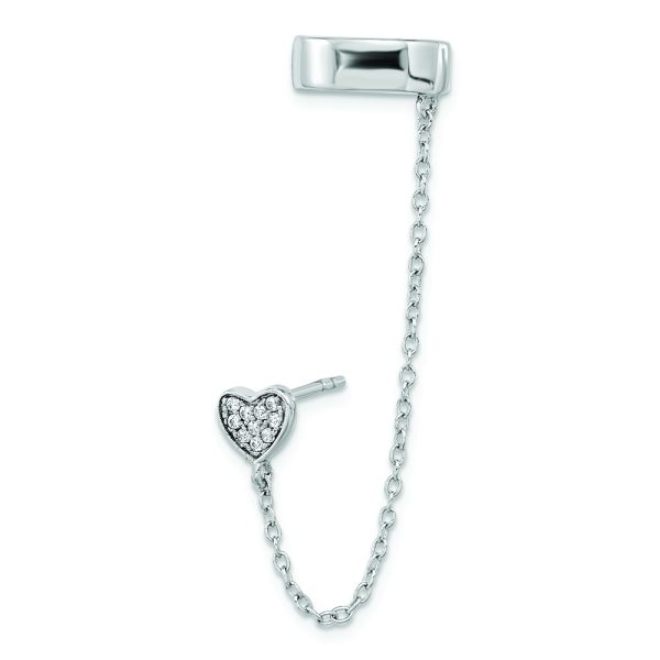 Sterling Silver RH-plated CZ Heart w/ 2in Chain Single Post & Cuff Earrin - Image 2