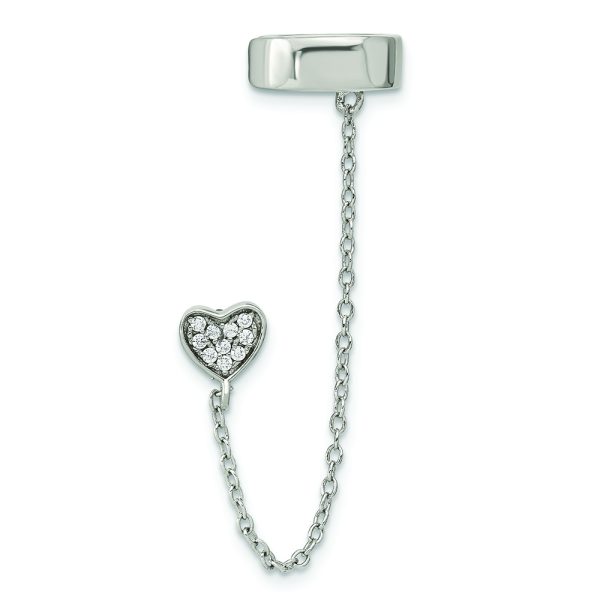 Sterling Silver RH-plated CZ Heart w/ 2in Chain Single Post & Cuff Earrin