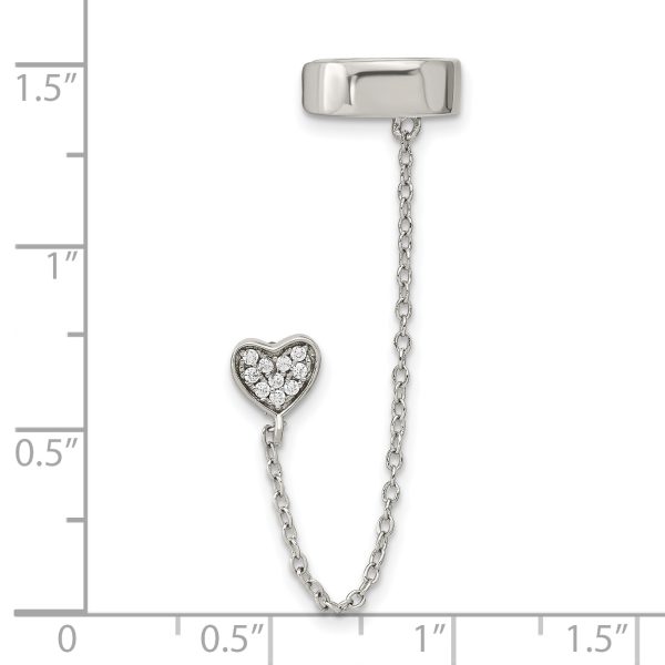 Sterling Silver RH-plated CZ Heart w/ 2in Chain Single Post & Cuff Earrin - Image 3