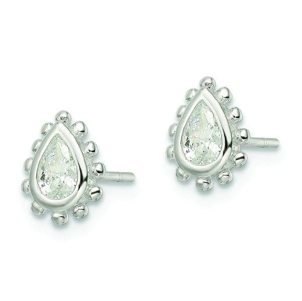 Sterling Silver Polished & Beaded Edge Pear CZ Post Earrings - Image 2