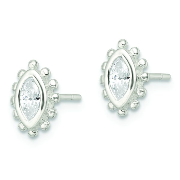 Sterling Silver Polished & Beaded Edge Marquise CZ Post Earrings - Image 2