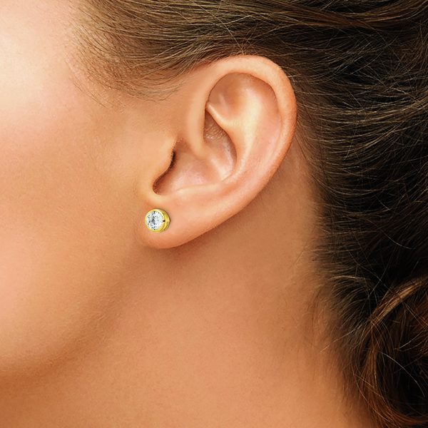 Sterling Silver Gold-tone Polished 6mm Round CZ Bezel Set Stud Earrings - Image 3