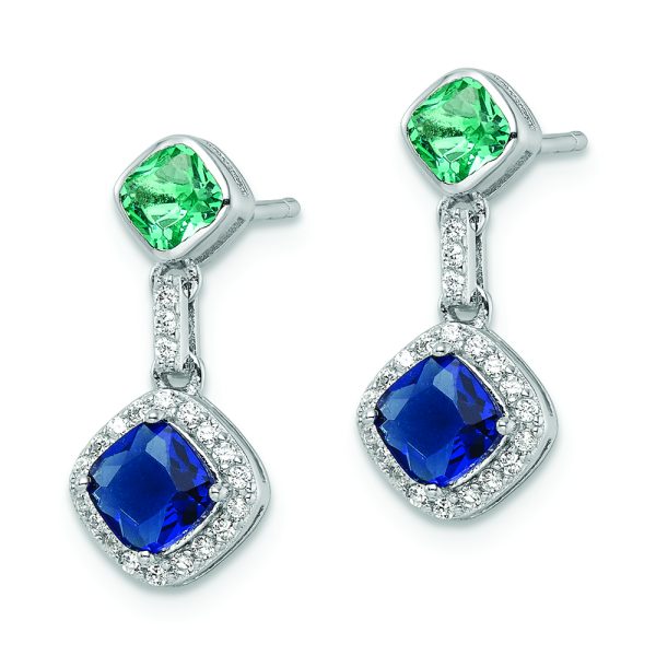 Sterling Silver Rhod-plated Polished CZ & Blue Glass Post Dangle Earrings - Image 2