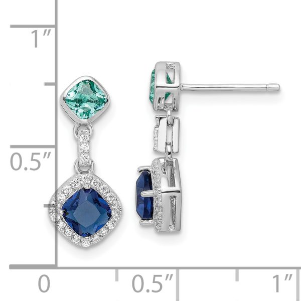 Sterling Silver Rhod-plated Polished CZ & Blue Glass Post Dangle Earrings - Image 3