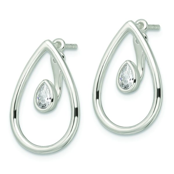 Sterling Silver Polished Teardrop w/Drop and Dangle CZ Threader Post Earrin - Image 2
