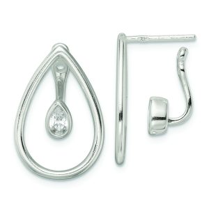 Sterling Silver Polished Teardrop w/Drop and Dangle CZ Threader Post Earrin