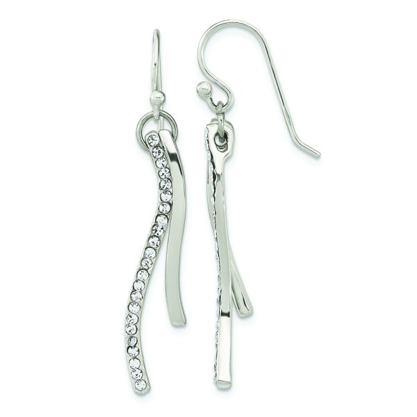 Sterling Silver Polished CZ Wavy Bar Dangle Shephard Hook Earrings