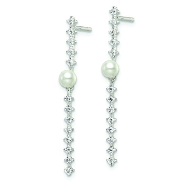 Sterling Silver Polished CZ and Glass Pearl Post Earrings - Image 2