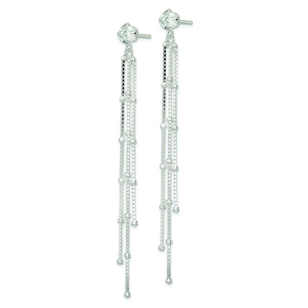 Sterling Silver Polished CZ & Beaded Chain Post Dangle Earrings - Image 2