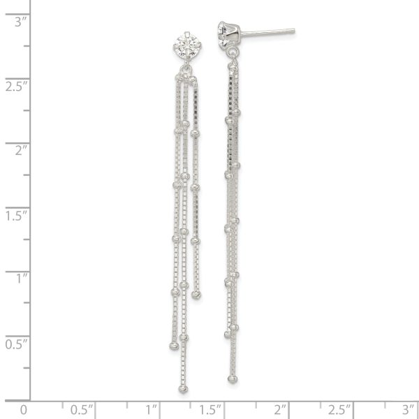Sterling Silver Polished CZ & Beaded Chain Post Dangle Earrings - Image 3