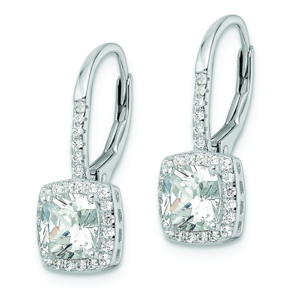 Sterling Silver RH-plated Polished Princess Cut CZ Halo Leverback Earrings - Image 2