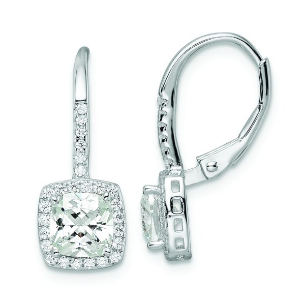 Sterling Silver RH-plated Polished Princess Cut CZ Halo Leverback Earrings