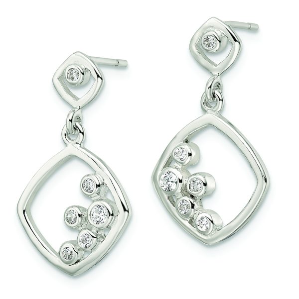 Sterling Silver Polished CZ Square Dangle Post Earrings - Image 2