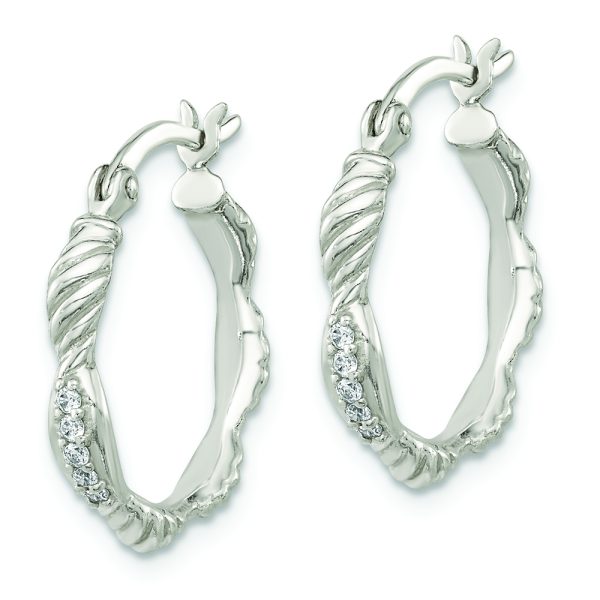Sterling Silver Polished CZ and Textured Hoop Earrings - Image 2