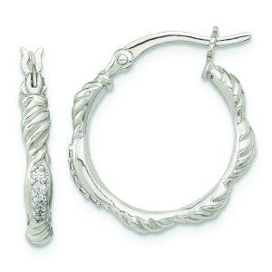 Sterling Silver Polished CZ and Textured Hoop Earrings