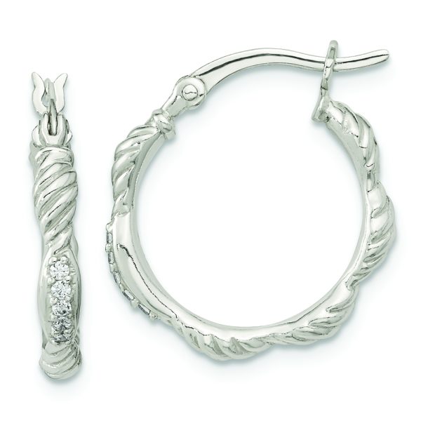 Sterling Silver Polished CZ and Textured Hoop Earrings