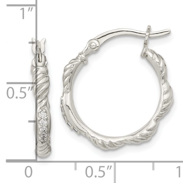 Sterling Silver Polished CZ and Textured Hoop Earrings - Image 3