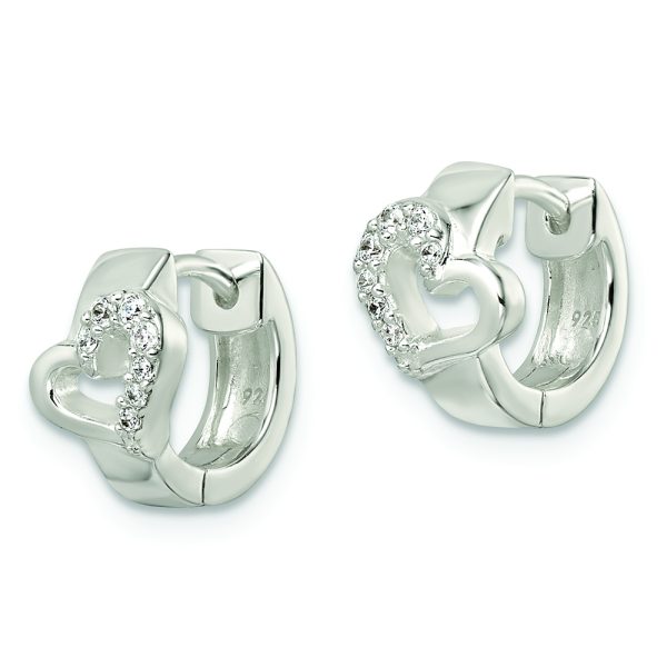 Sterling Silver Polished CZ Heart Hinged Hoop Earrings - Image 2