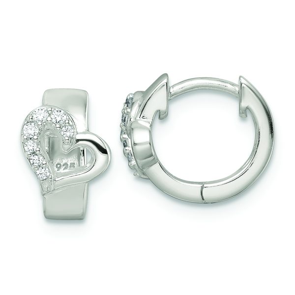 Sterling Silver Polished CZ Heart Hinged Hoop Earrings