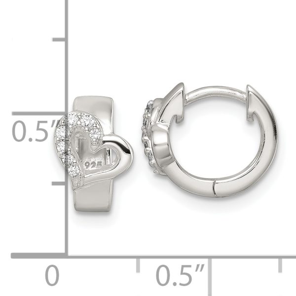 Sterling Silver Polished CZ Heart Hinged Hoop Earrings - Image 3