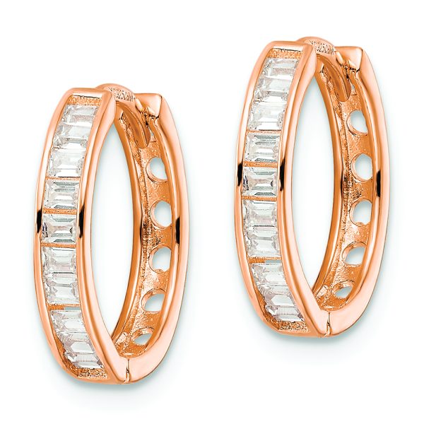 Sterling Silver Polished Rose-tone CZ Hinged Hoop Earrings - Image 2