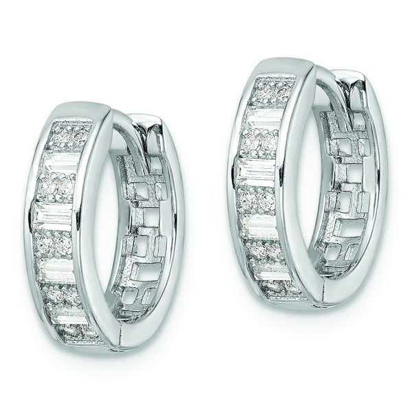 Sterling Silver Polished Rhodium-plated CZ Hinged Hoop Earrings - Image 2