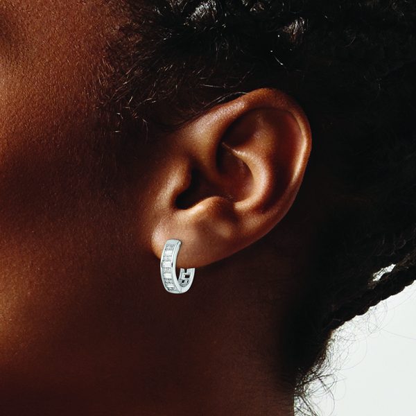 Sterling Silver Polished Rhodium-plated CZ Hinged Hoop Earrings - Image 3