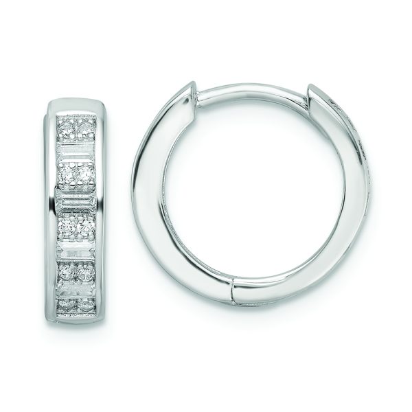 Sterling Silver Polished Rhodium-plated CZ Hinged Hoop Earrings