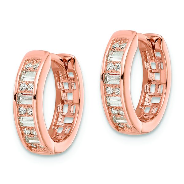 Sterling Silver Polished Rose-tone CZ Hinged Hoop Earrings - Image 2