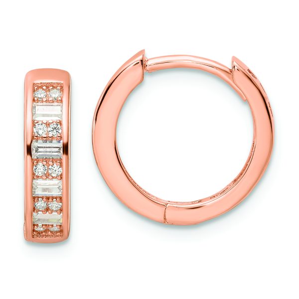 Sterling Silver Polished Rose-tone CZ Hinged Hoop Earrings