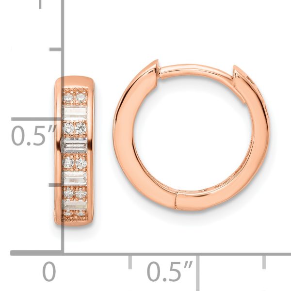 Sterling Silver Polished Rose-tone CZ Hinged Hoop Earrings - Image 3