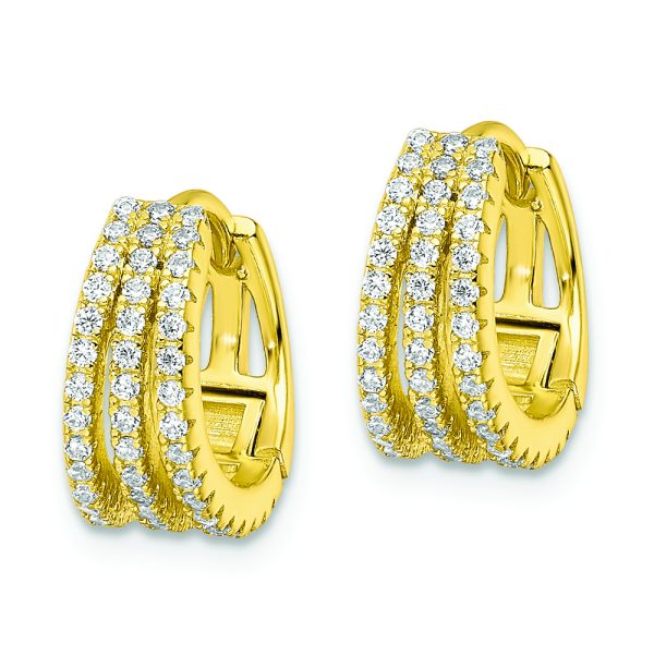 Sterling Silver Gold-tone Polished Triple Row CZ Hinged Hoop Earrings - Image 2