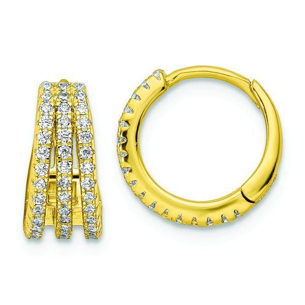 Sterling Silver Gold-tone Polished Triple Row CZ Hinged Hoop Earrings