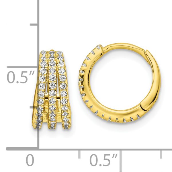 Sterling Silver Gold-tone Polished Triple Row CZ Hinged Hoop Earrings - Image 3